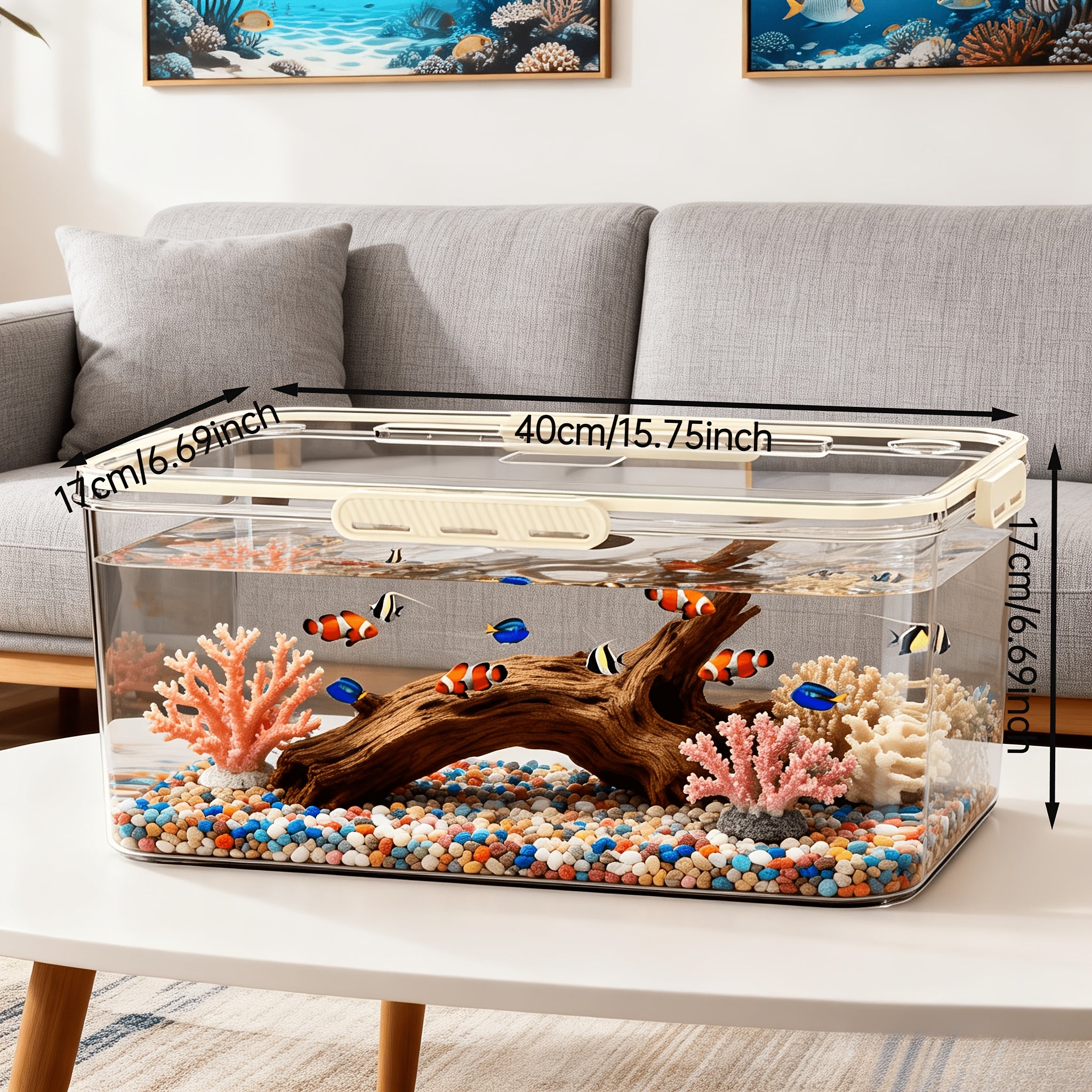 Multi-Functional High-Transparency Aquarium – Small Fish Tank with Sealed Beige Lid, Multi-Size Desktop Tank for Home Office, Space-Saving for Small Fish Reptiles Hamsters, Durable Pet Tank for Desktop Decor & Pet Keeping