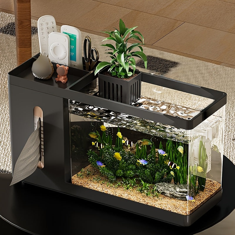 A Multifunctional Desktop Aquarium Storage Box, Featuring a Storage Compartment And a Tissue Box Holder, Modern Fish Tank Suitable for Office Or Home Decor, Minimalist Style Aquarium with a Hydroponic Basket And Water Changer