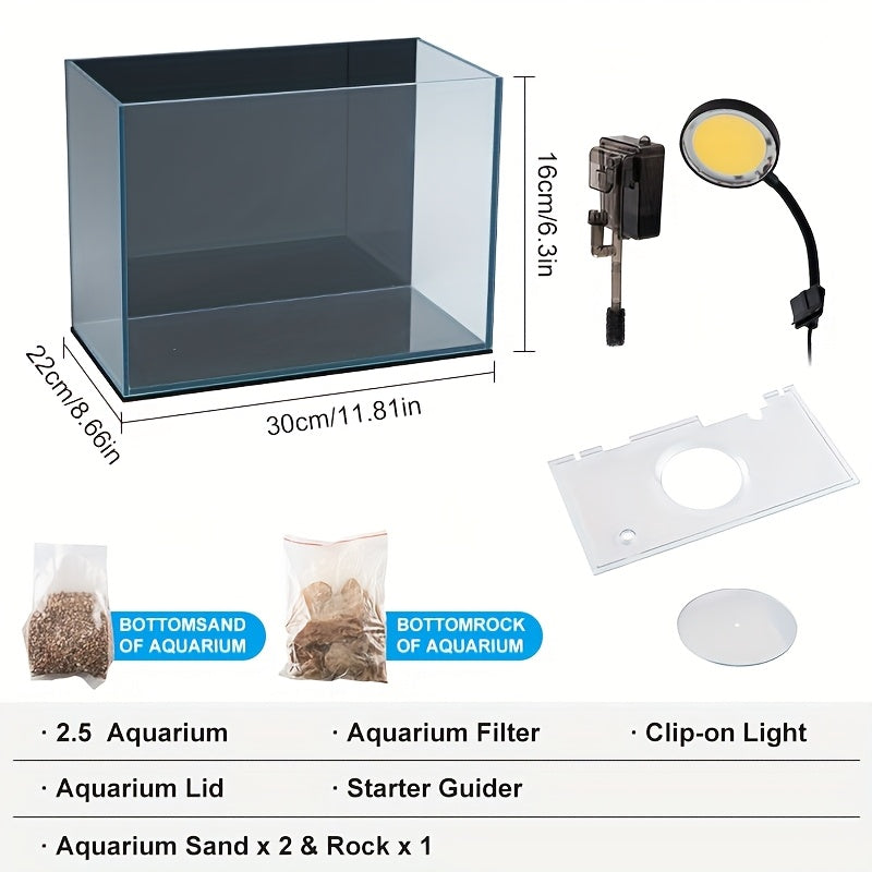 2.5 Gallon (Approx. 7.6L) Aquarium Kit-Ultra-Clear Frameless Desktop Fish Tank with Lighting, Filter, Gravel, And Rocks. Ideal for Small Fish, Shrimp, Or Betta. Full Version, Black