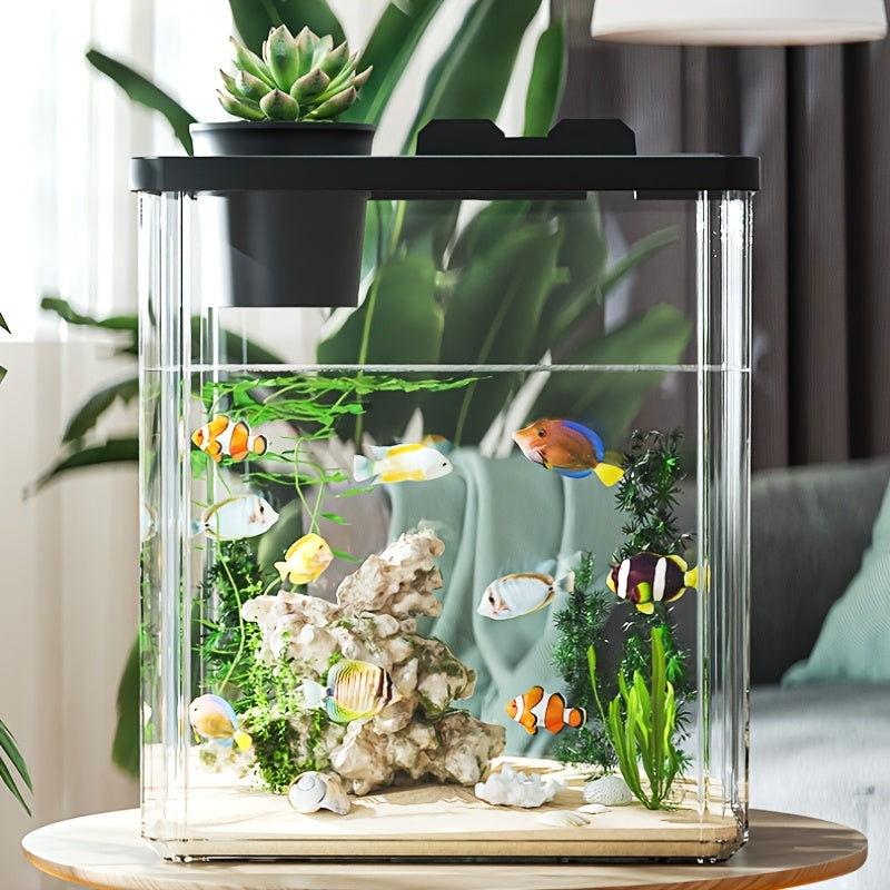 Black\u002FWhite Transparent Acrylic All-in-One Indoor Aquarium Fish Tank with Detachable Hydroponic Planter & Phone Holder Lid, Feeding Hole, Water Plant Basket for Home Office Decor
